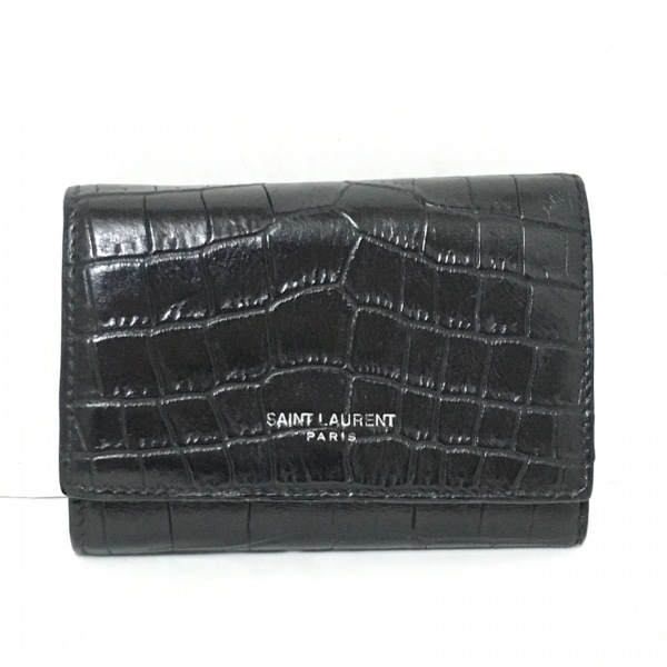  sun rolan Paris SAINT LAURENT PARIS 3. folding purse / Mini / compact 533719 - leather black type pushed . processing /6 ream key hook attaching purse 