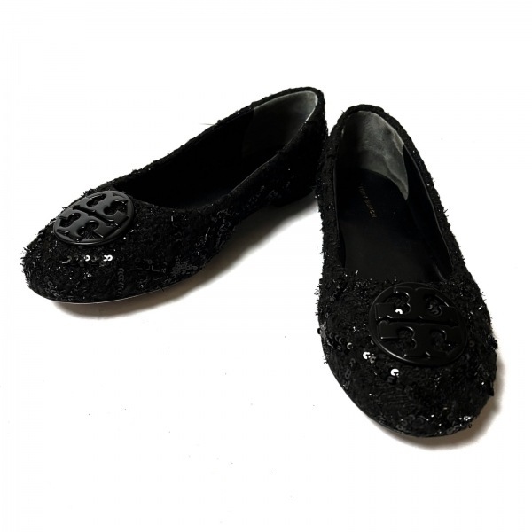  Tory Burch TORY BURCH flat shoes 7 1/2M - tweed × spangled × plastic black lady's beads / lame shoes 