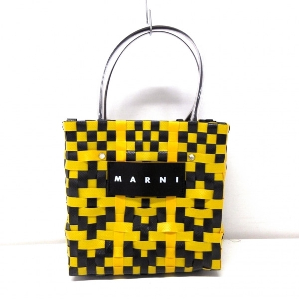  Marni MARNI tote bag - poly- Pro pi Len × vinyl × leather dark yellow × black × clear basket bag / knitting bag 