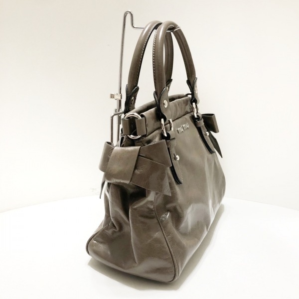  MiuMiu miumiu handbag - leather gray beige side ribbon beautiful goods bag 