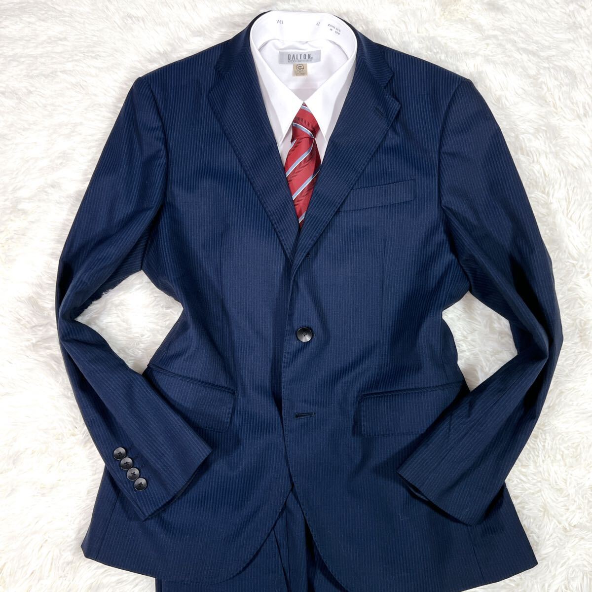 SUIT SELECT スーツセレクト セットアップ スーツ ストライプ ネイビー 紺色 AB6 Lサイズ相当 テーラードジャケット スラックス メンズの画像2
