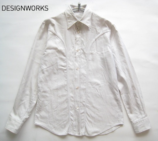 高級日本製!!デザインワークス DESIGNWORKS*刺繍デザイン カッティングシャツ 46 M 白×紺 アバハウス インターナショナル_画像1