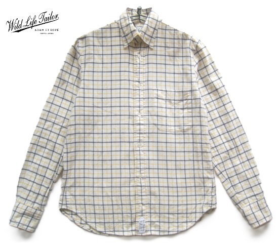 美品!!ワイルドライフテーラー Wild Life Tailor*ADAM ET ROPE'購入 美シルエット チェック柄ボタンダウンシャツ M 白×黒×黄の画像1