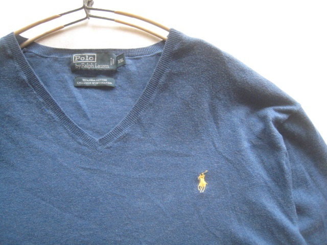 極上!!ポロラルフローレン Polo Ralph Lauren*ロゴ刺繍 Vネック ピマコットンニットセーター XXL 紺 ネイビー 大きいサイズ_画像2