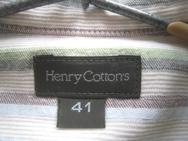 美品!!ヘンリーコットンズ Henry Cotton's*ロゴ刺繍胸ポケット付き ストライプ柄ボタンダウンシャツ 41 実寸XL 白×紺×緑×水色×茶_画像6