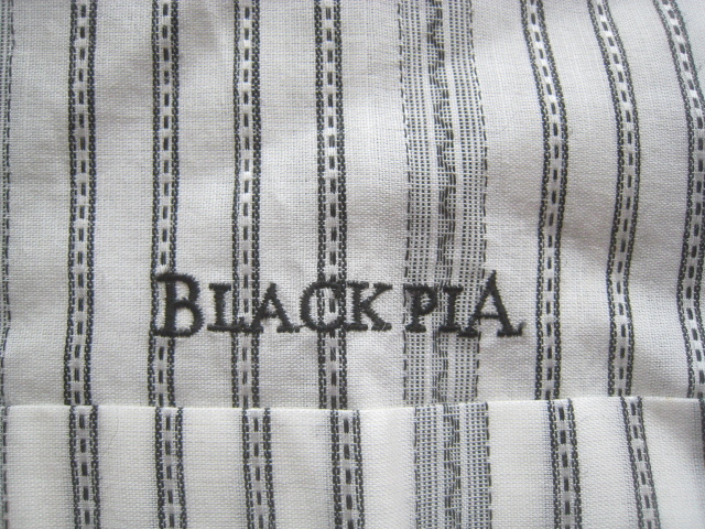 極上日本製!!ブラックピア BLACKPIA*ロゴ刺繍 麻50% ストライプ柄半袖リネンコットンバンドカラーシャツ L 白×黒 PIASPORTS ピアスポーツの画像3