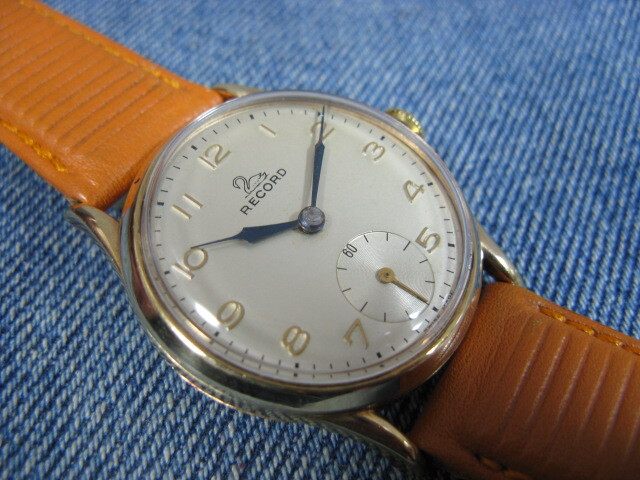 1953年製 RECORD レコード スワンロゴ 9K金無垢 BOX付き ブリティッシュウォッチ アンティーク手巻腕時計 稼働美品 注油済みの画像3