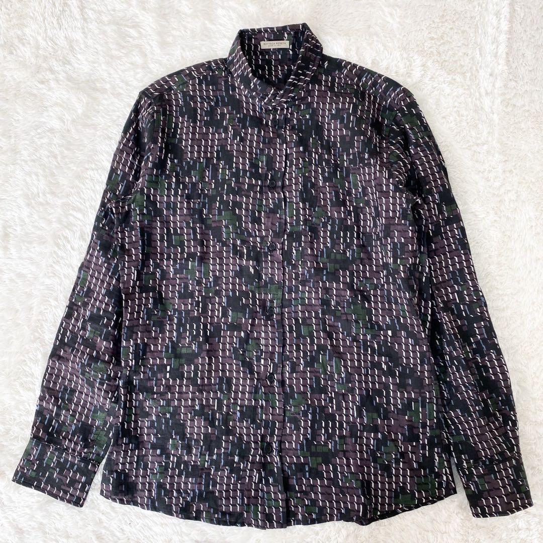 未使用品級 ● BOTTEGA VENETA ボッテガ イントレ柄 迷彩 ● L 48 長袖シャツ イントレチャート リネン 麻 メンズ 48 ボッテガヴェネタの画像2