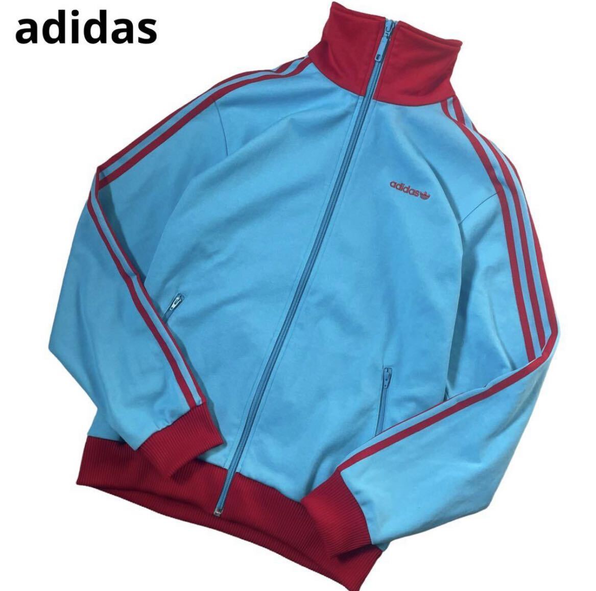 ■美品■adidas■80s■トラックジャケット■ジャージ■水色■アディダス■赤■ワンポイント刺繍■白タグ■ブルー■ヴィンテージ■Lサイズの画像1