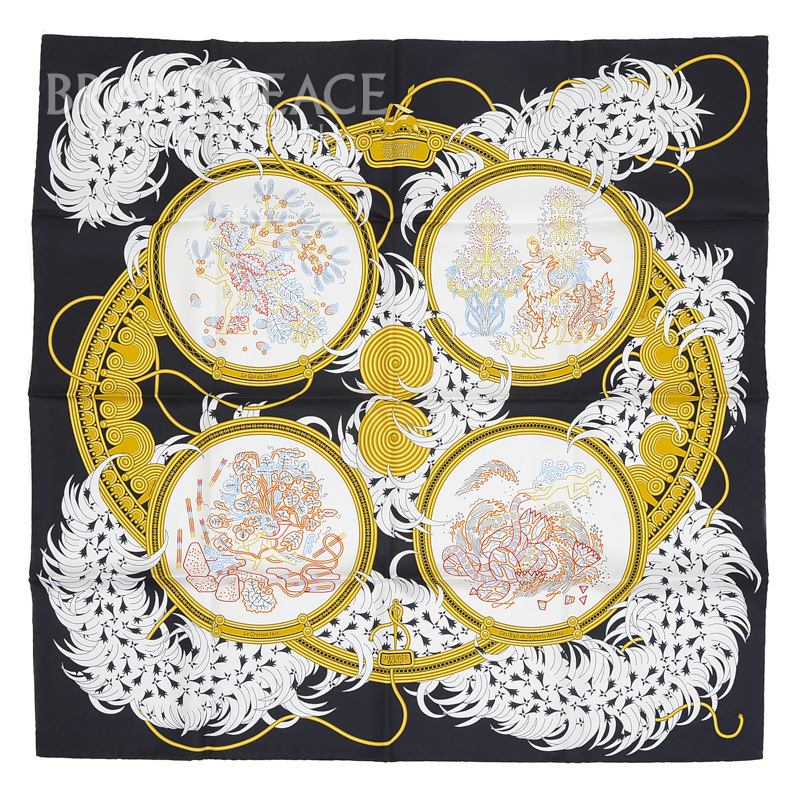エルメス カレ90 スカーフ 刺繍が織りなす伝説 LEGENDE BRODEE ブラック/ホワイト シルク100% ブランドピース_画像1
