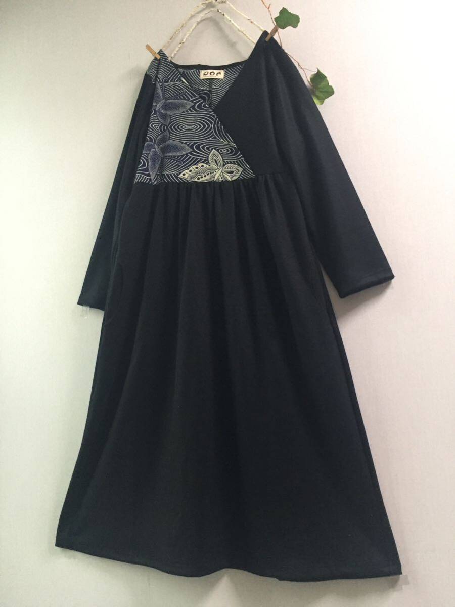 handmade::浴衣リメイク蝶々柄カシュクール風ロングワンピース:着物羽織ブラック黒ネイビー紺古布手作り和日本フォーマル大人女性の画像7