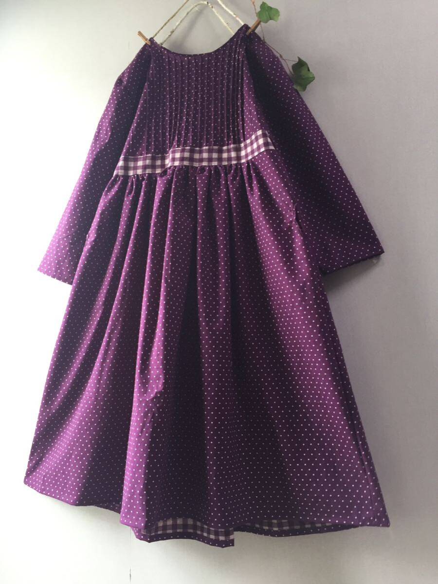 handmade::コットンリネン紫色ピンタックワンピース：北欧英国ハンドメイド綿麻ドットチェック柄ゆったりロング赤ワインパープルナチュラルの画像5