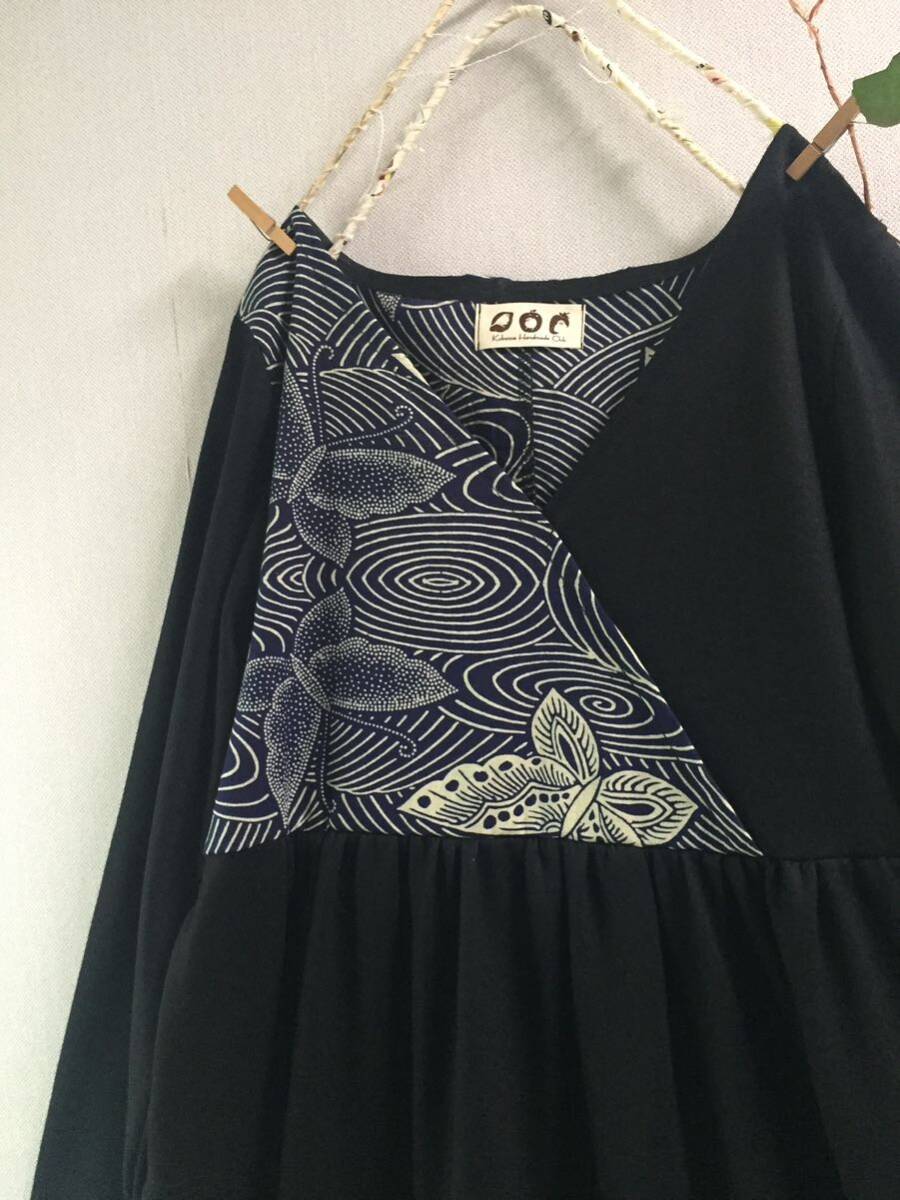 handmade::浴衣リメイク蝶々柄カシュクール風ロングワンピース:着物羽織ブラック黒ネイビー紺古布手作り和日本フォーマル大人女性の画像5