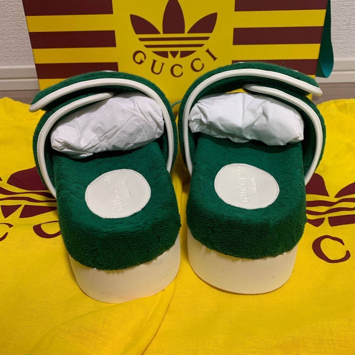 新品 メンズ 7 25cm-26cm GUCCI adidas グッチ アディダス コラボ プラットフォームサンダル グリーン GG柄 トレフォイル スライドサンダルの画像3