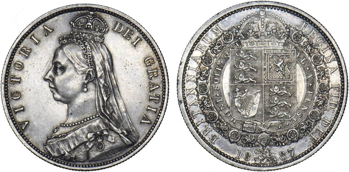 １円スタート! ・イギリス 1887年 1/2クラウン 銀貨 ビクトリア・アンティーク コインの画像1