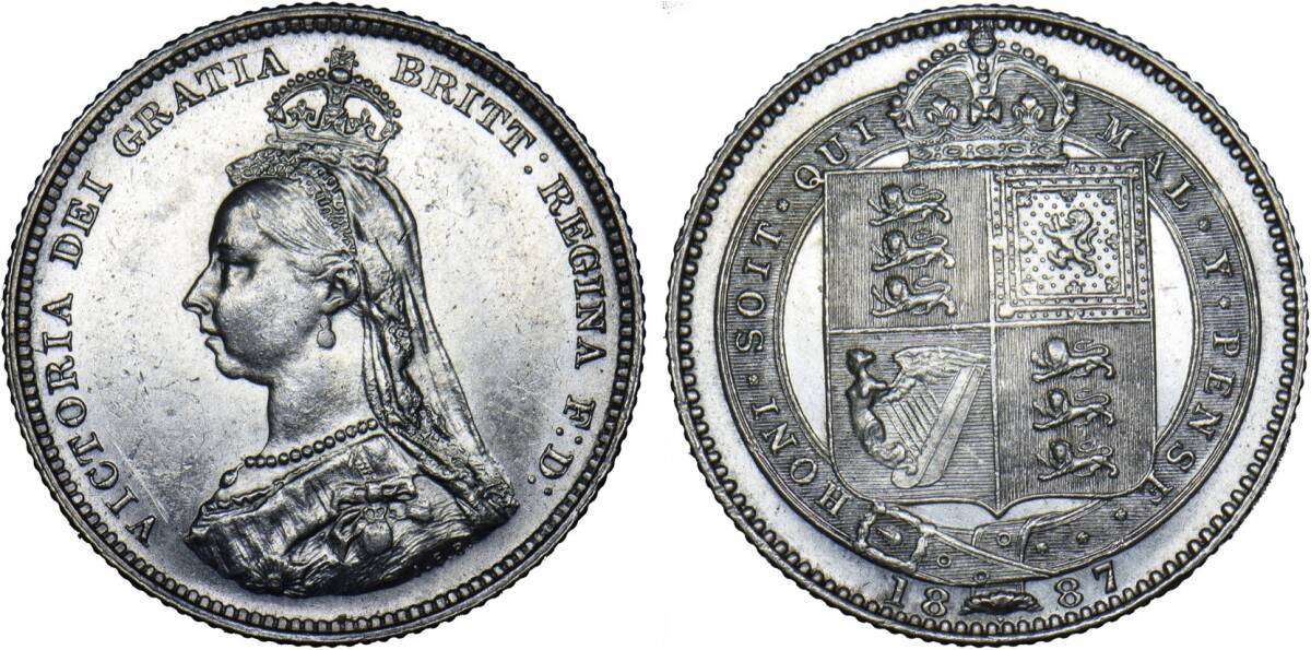 １円スタート! ・1887 イギリス 1シリング 銀貨 ビクトリア・アンティーク コインの画像1