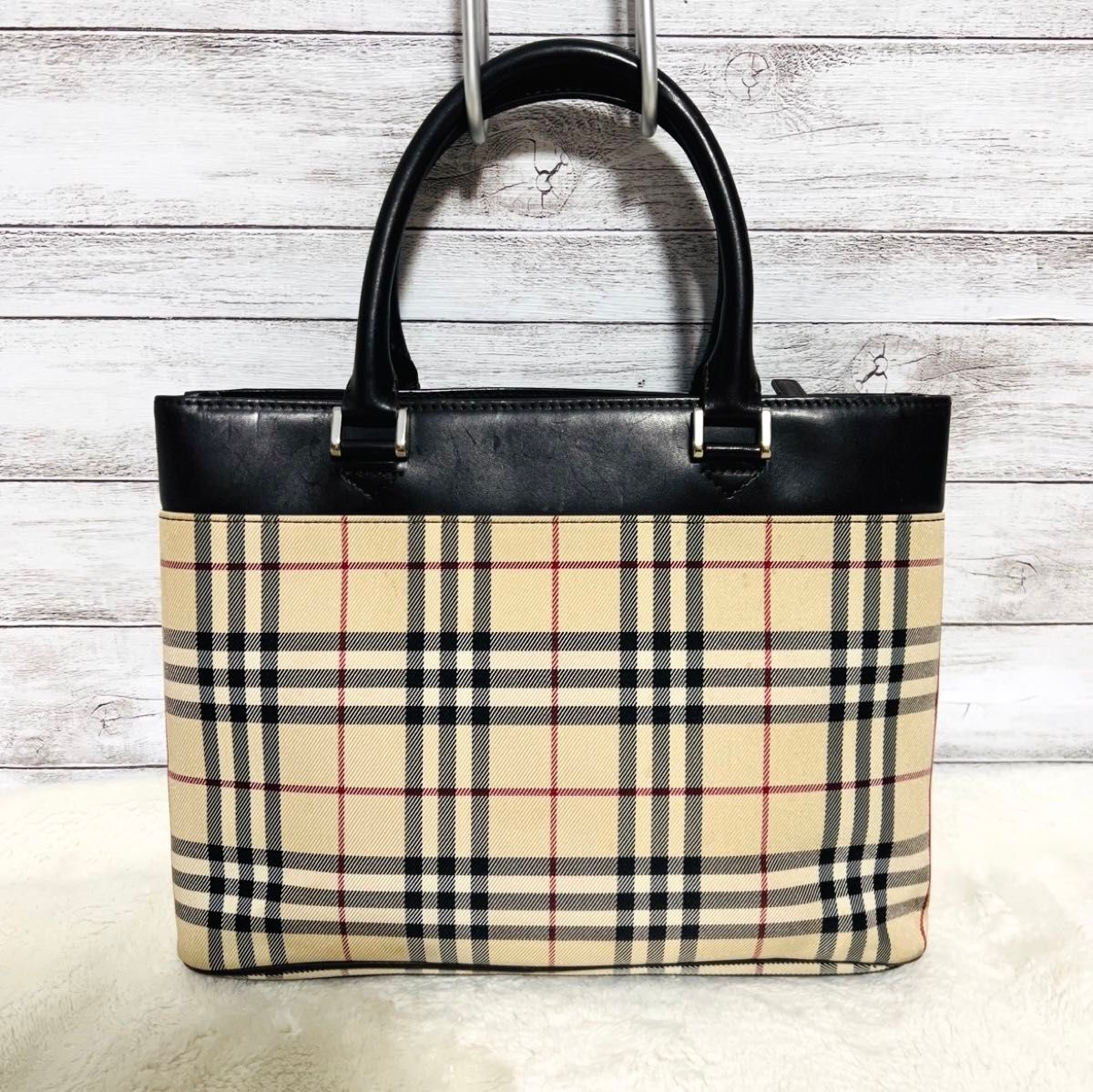 【良品】BURBERRY バーバリー　ノバチェック柄　キャンバス　レザー　ハンドバッグ　トートバッグ　ダークブラウン