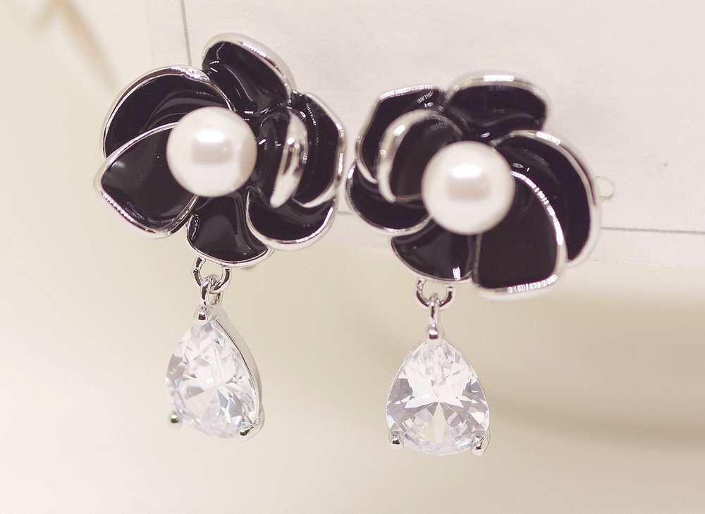 18K RGP platinum diamond CZ black rose pearl . joting earrings yp5007