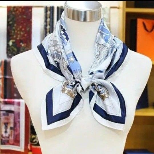 スカーフ シルクタッチ ホワイト ブルー 春夏 船 バックスカーフ ネックスカーフ ヘッドスカーフ 70×70  総柄 新品 白