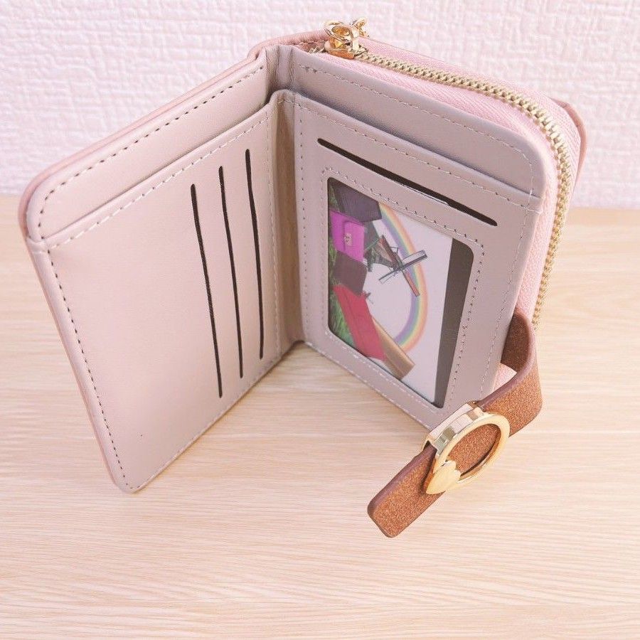 二つ折り財布 財布 ウォレット ミニ財布 レザー ピンク 春カラー ２色カラー ピンクベージュ コンパクト 可愛い 新品  ハート