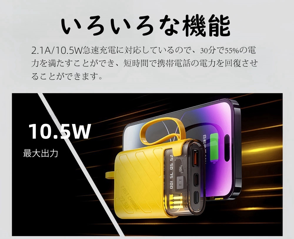 20000mah大容量 モバイルバッテリー 3台同時充電 2本ケーブル内蔵 急速充電 直接充電 LED残量表示 iPhone 15 Type-C 対応 便利 PSE認証済_画像7