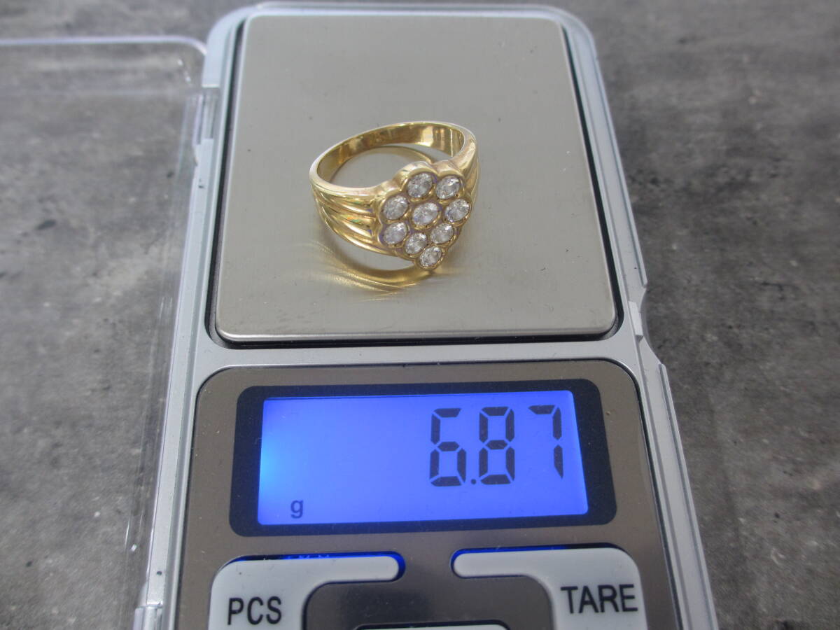K18 18金 750 リング 総重量 6.87ｇ サイズ 16号 ダイヤモンド 9石付き（カラット刻印ナシ） USED 指輪 ダイアの画像3