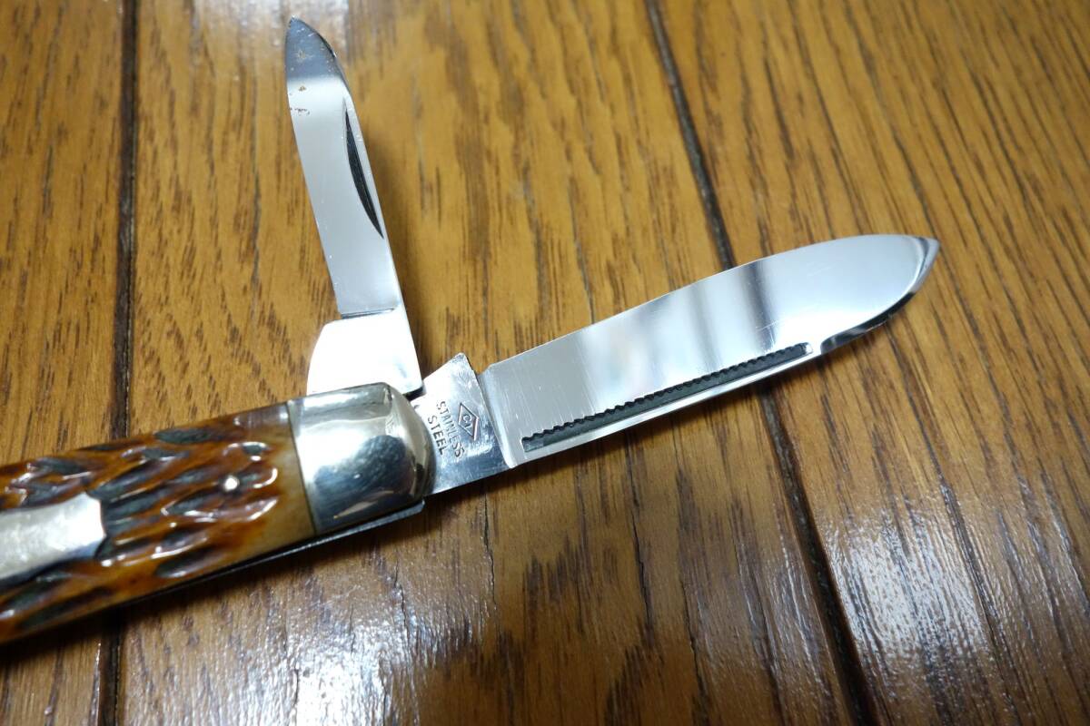 昭和レトロ　古いポケットナイフ　２枚刃　ステンレス・日本製　骨製のハンドル　デッドストック品_画像8
