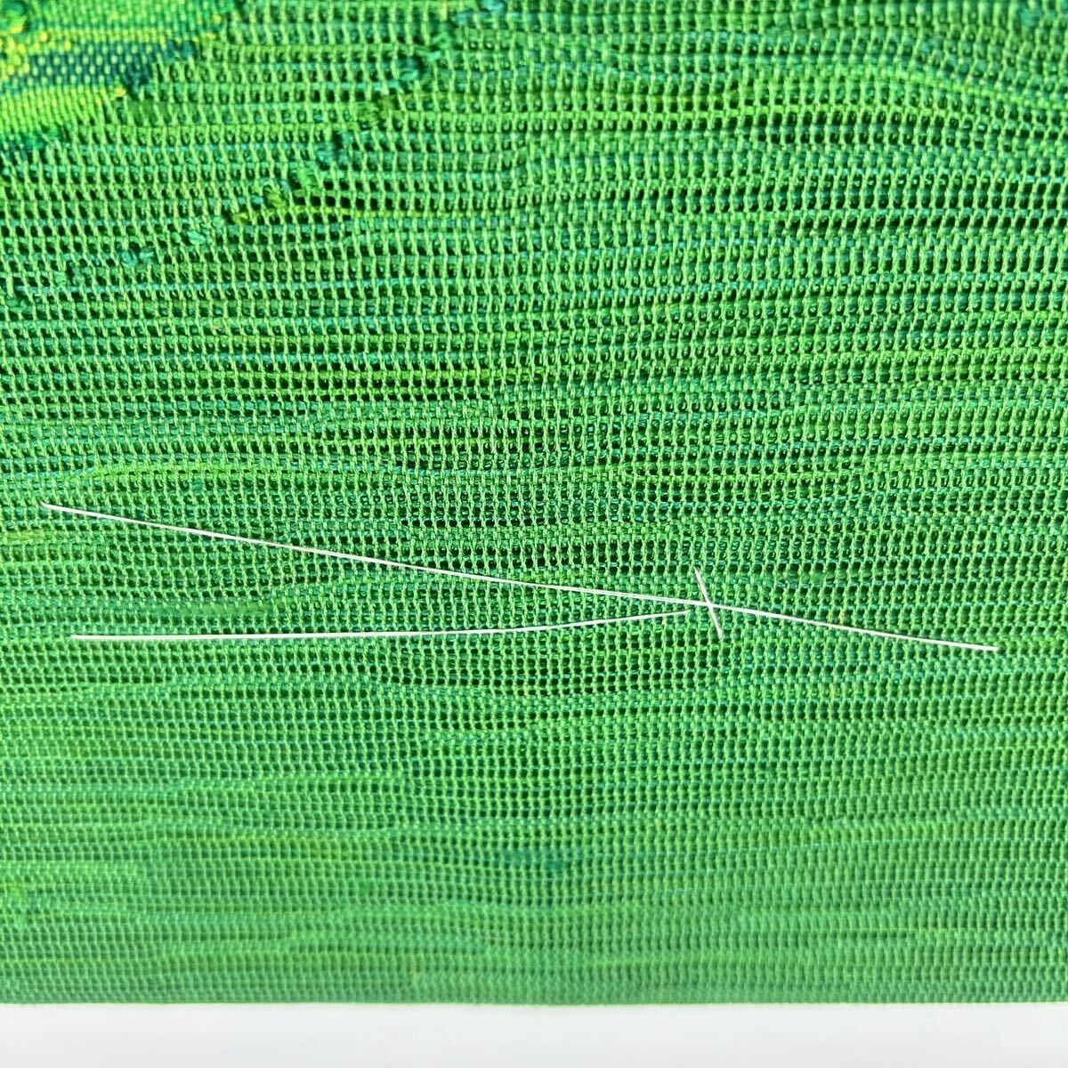 ●きもの翠● 未使用 しつけ糸付き 美品 夏用 紗 紬 刺繍 グラデーション 緑色 名古屋帯 八寸 和装 和服 着物 正絹 #X166の画像8
