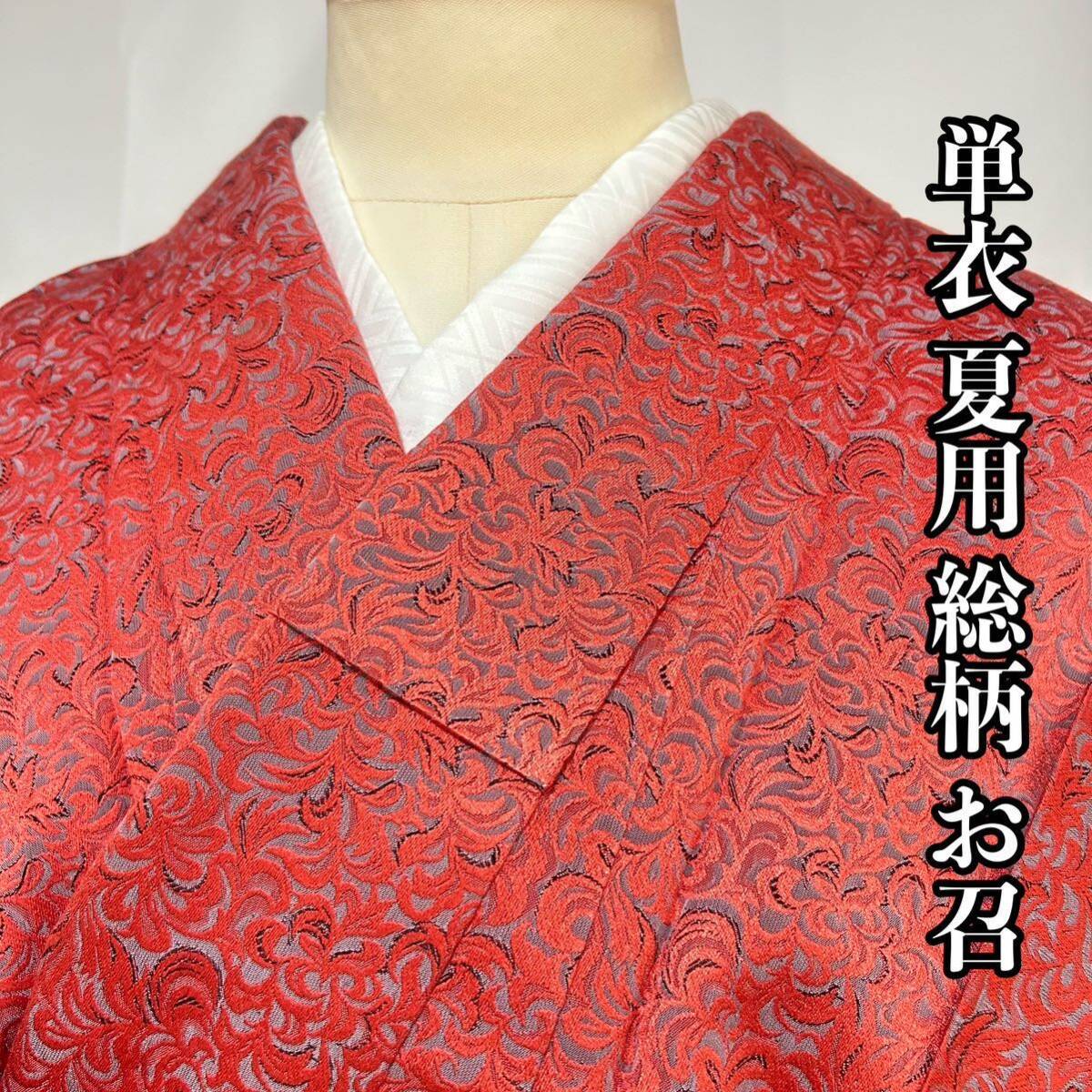 ●きもの翠● 単衣 夏用 総柄 お召 小紋 花柄 唐草 刺繍 お洒落 かわいい 和装 和服 着物 正絹 #X264_画像1