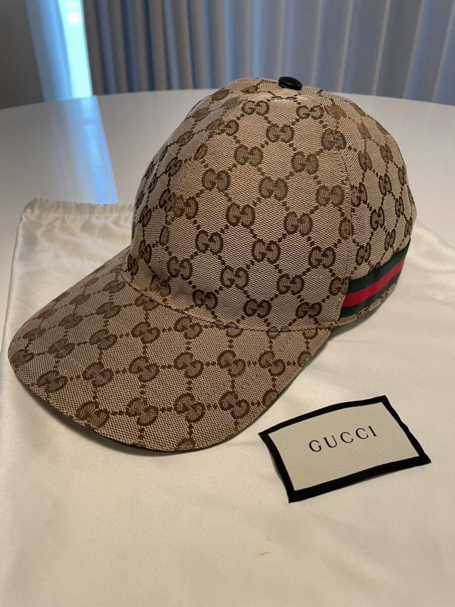 新品同様品 GUCCI グッチ ベースボール キャップ S 帽子 キャンバス GG シェリーライン レザーの画像2