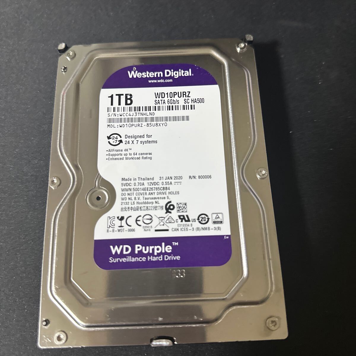 A65:【動作保証/使用0時間/AVコマンド対応】WDC WD10PURZ 3.5インチHDD SATA 1TB 1000GBの画像1