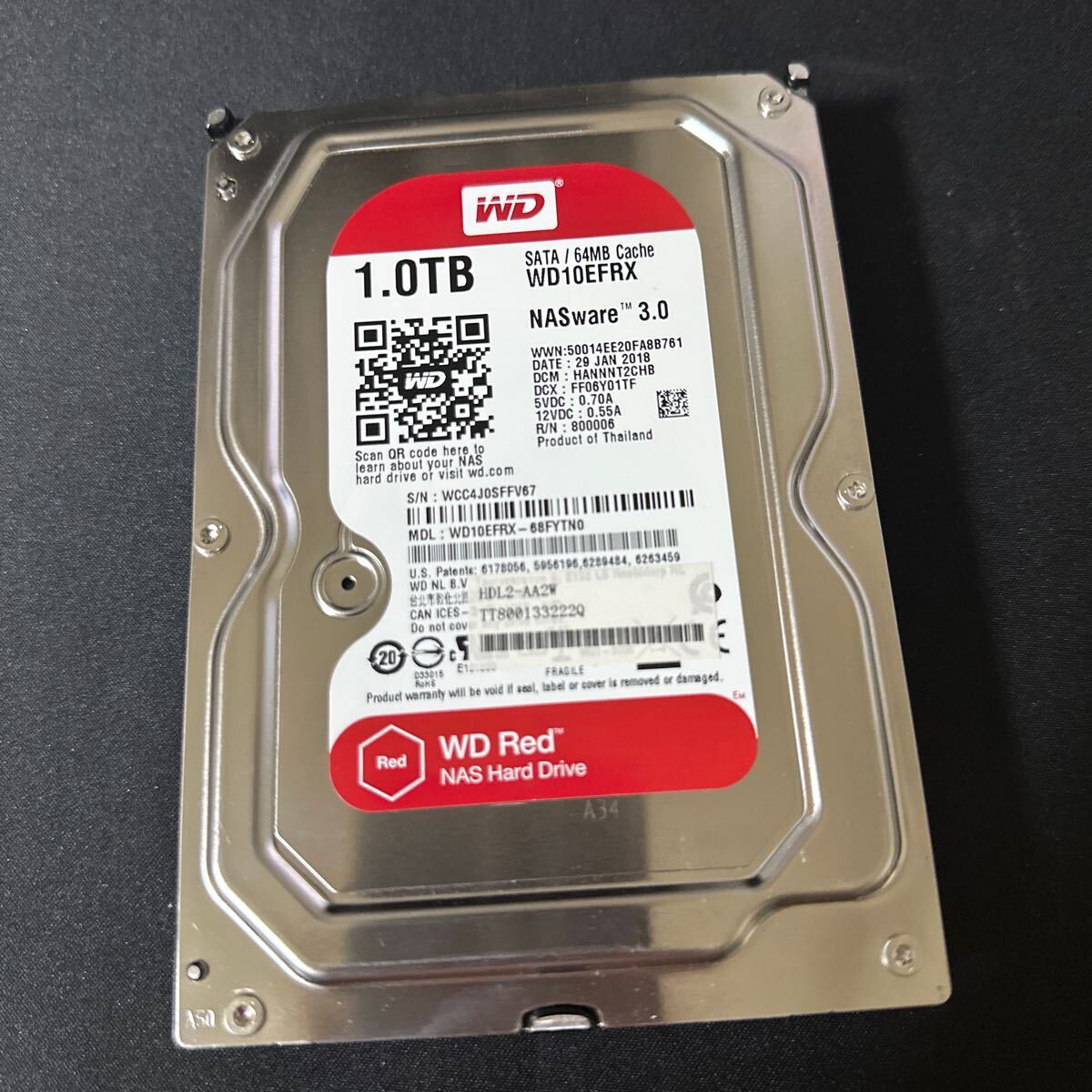 A106:（動作保証/AVコマンド対応/使用0時間）SATA 3.5インチHDD WDC WD10EFRX 1TB 1000GB_画像1