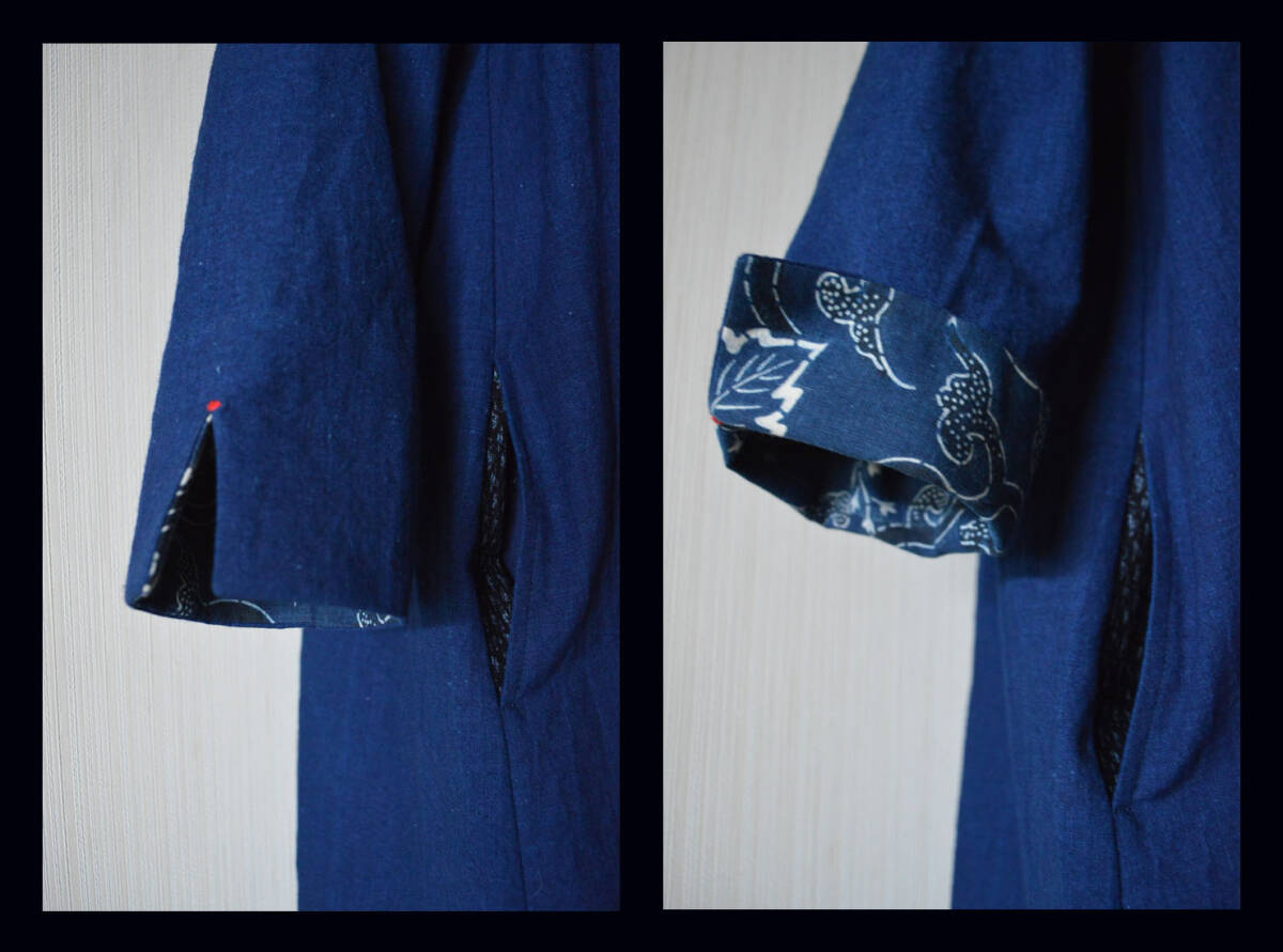 ※着物リメイク/藍染と型染のヨーク切替えワンピース・木綿・古布※ の画像5