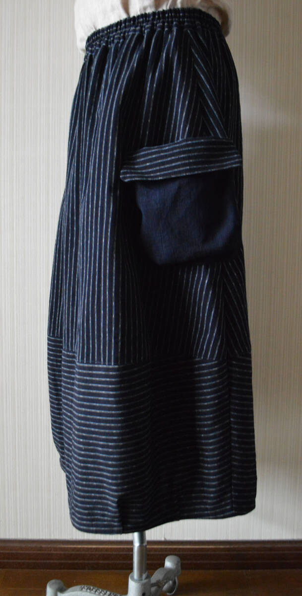 ※着物リメイク/藍染・縞木綿のふんわりバルーンスカート・ぷっくりポッケ付き・新古品※の画像5