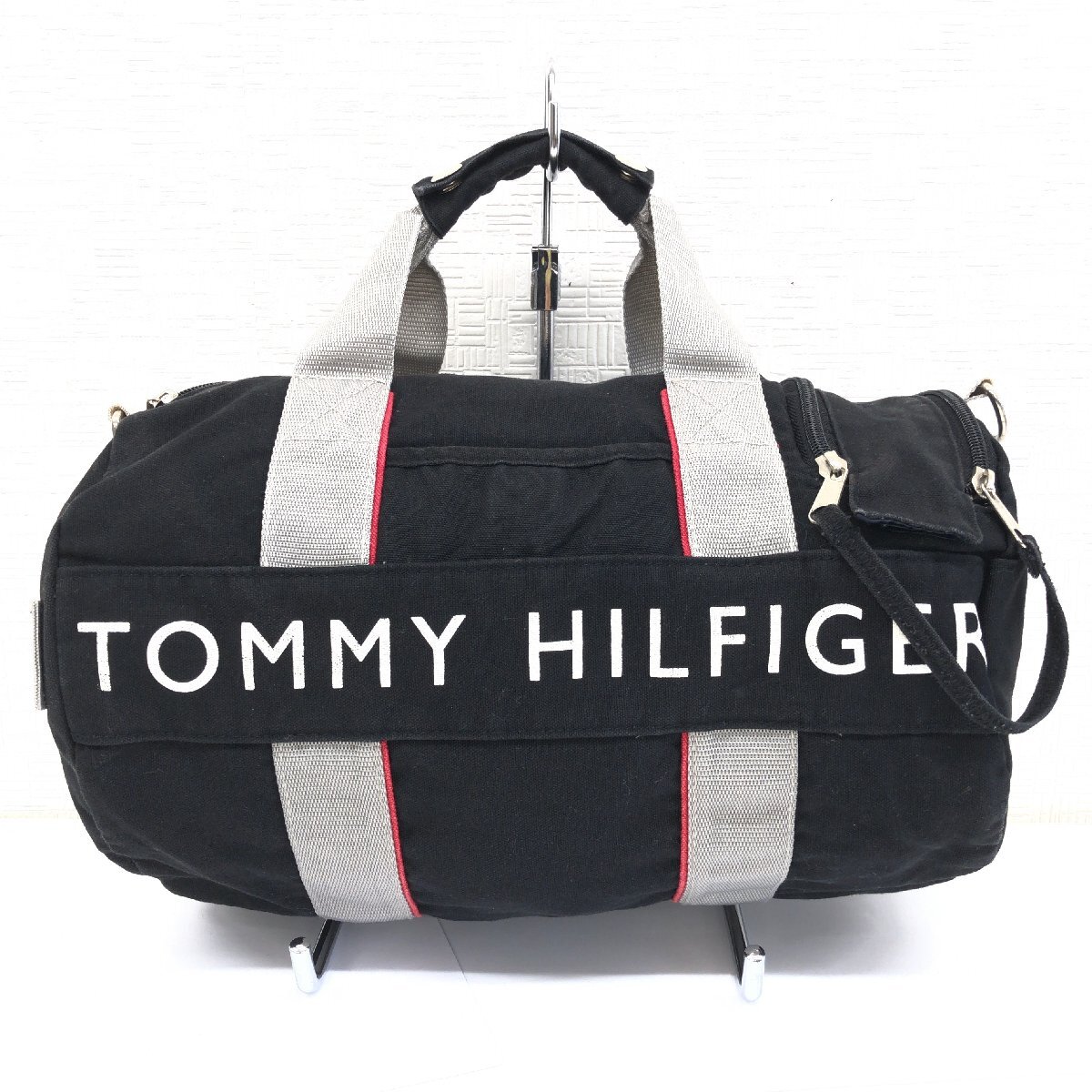 TOMMY HILFIGER トミーヒルフィガー ロゴプリント キャンバス ドラムバッグ 黒 ブラック ミニボストンバッグ ハンドバッグ ユニセックスの画像1