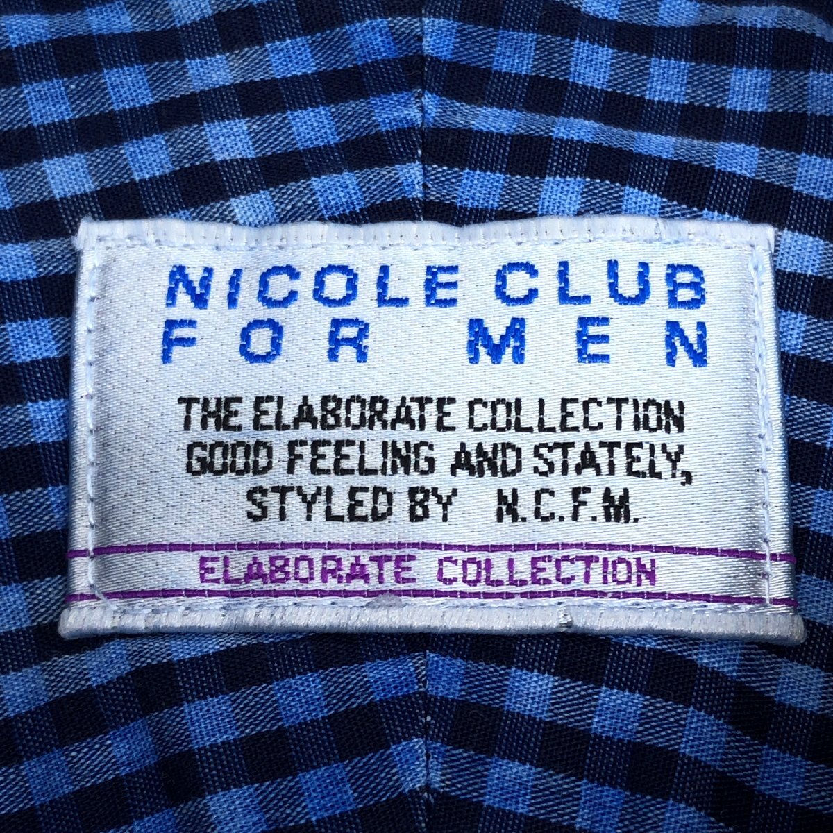 NICOLE CLUB FOR MEN ニコル 藍染め ホリゾンタルカラー ギンガムチェック シャツ 48(L) 紺系 ネイビー系 7分袖 国内正規品 メンズ 紳士の画像3
