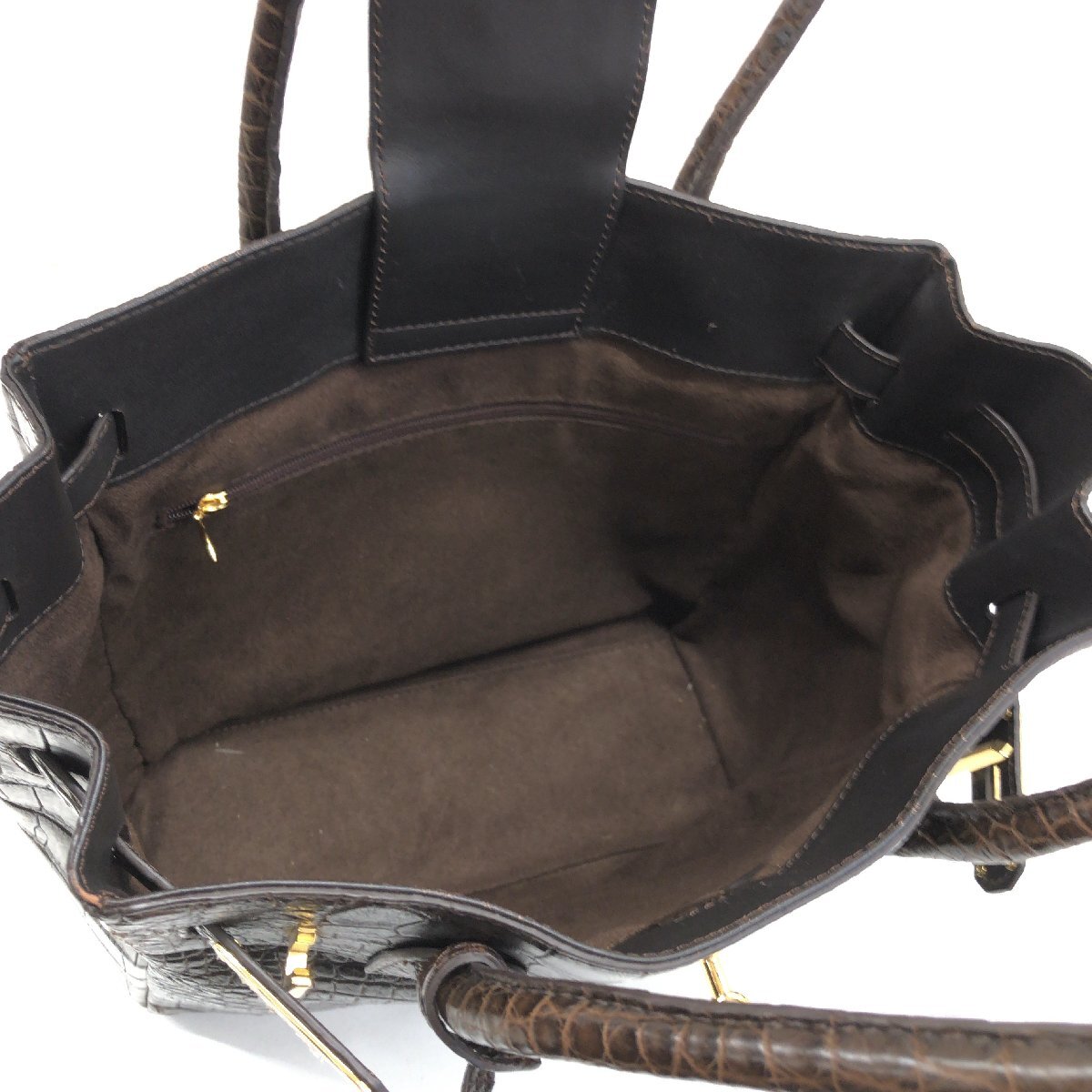 ◆新品 Real Leather Bag クロコ型押し 本革 レザー ハンドバッグ ダークブラウン レザーバッグ 手提げ カデナ レディース 女性用 婦人の画像5