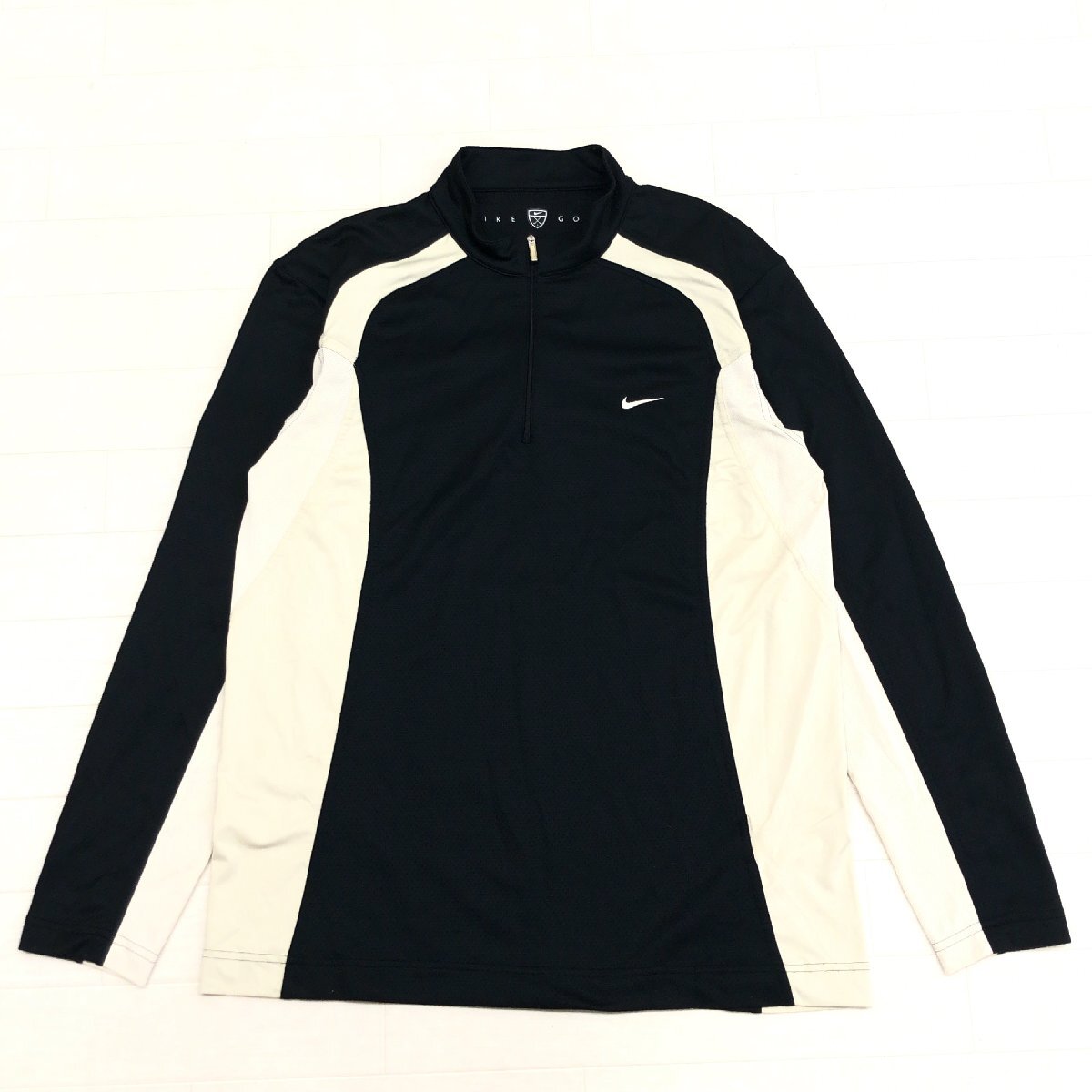 NIKE GOLF ナイキゴルフ ハーフジップ 吸水速乾 ドライ ストレッチ ジャージ ゴルフシャツ L 黒 ブラック×ベージュ 長袖 ロゴ刺繍 メンズ_画像1