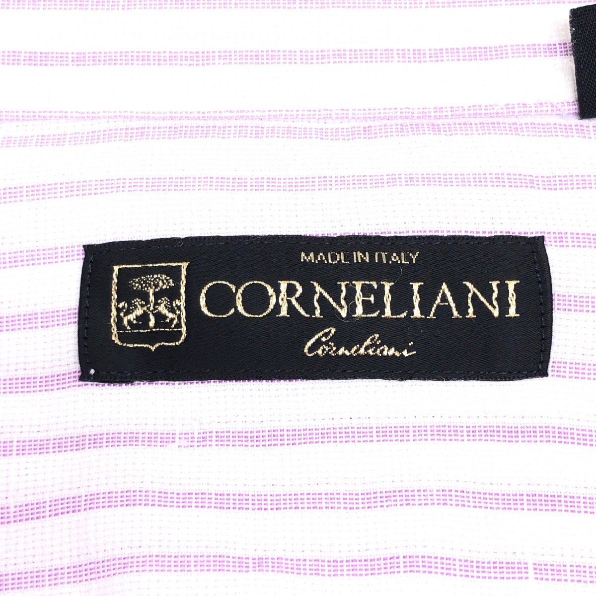 伊製 CORNELIANI コルネリアーニ 麻 リネン混 ストライプ ホリゾンタルカラー ドレスシャツ 43(XL相当) 長袖 2L LL 特大 大きい イタリア製の画像3