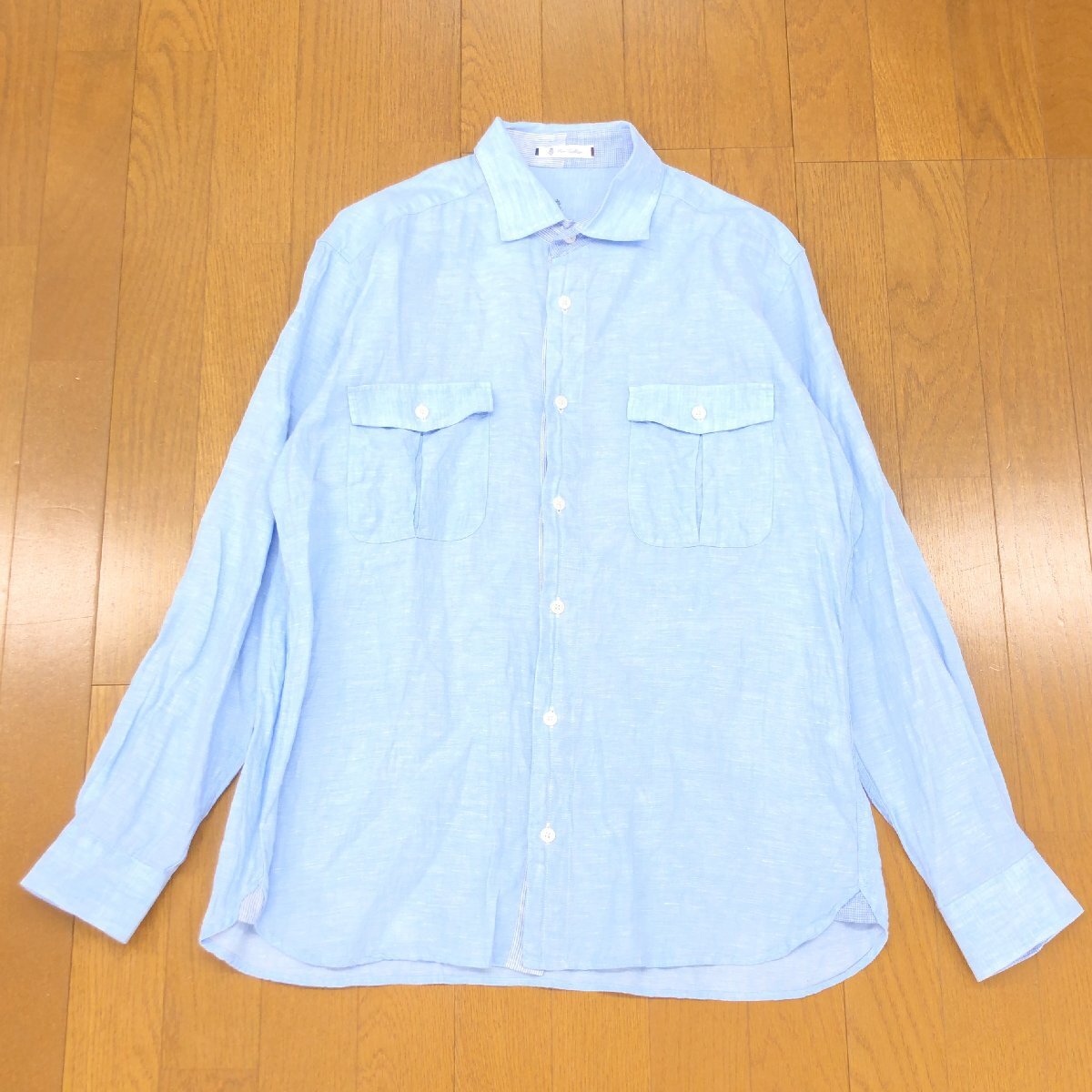 Gee Gellan ジーゲラン 麻 リネン100% ワイドカラー シャツ 48(L) 青系 ブルー系 長袖 日本製 国内正規品 メンズ 紳士の画像1