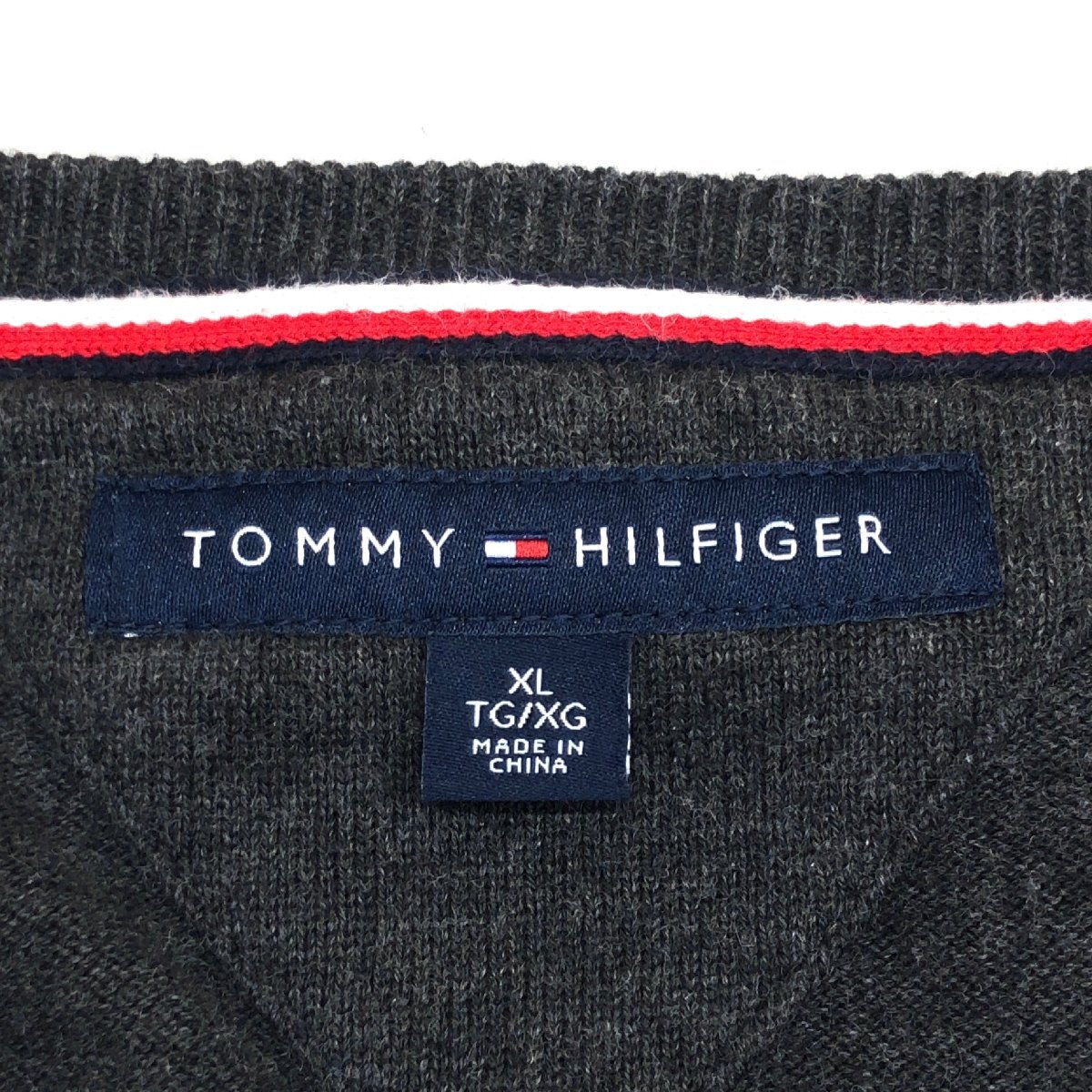 ●TOMMY HILFIGER トミーヒルフィガー ロゴ刺繍 アーガイル柄 コットン ニット セーター XL ダークグレー 2L LL 特大 大きいサイズ メンズの画像3
