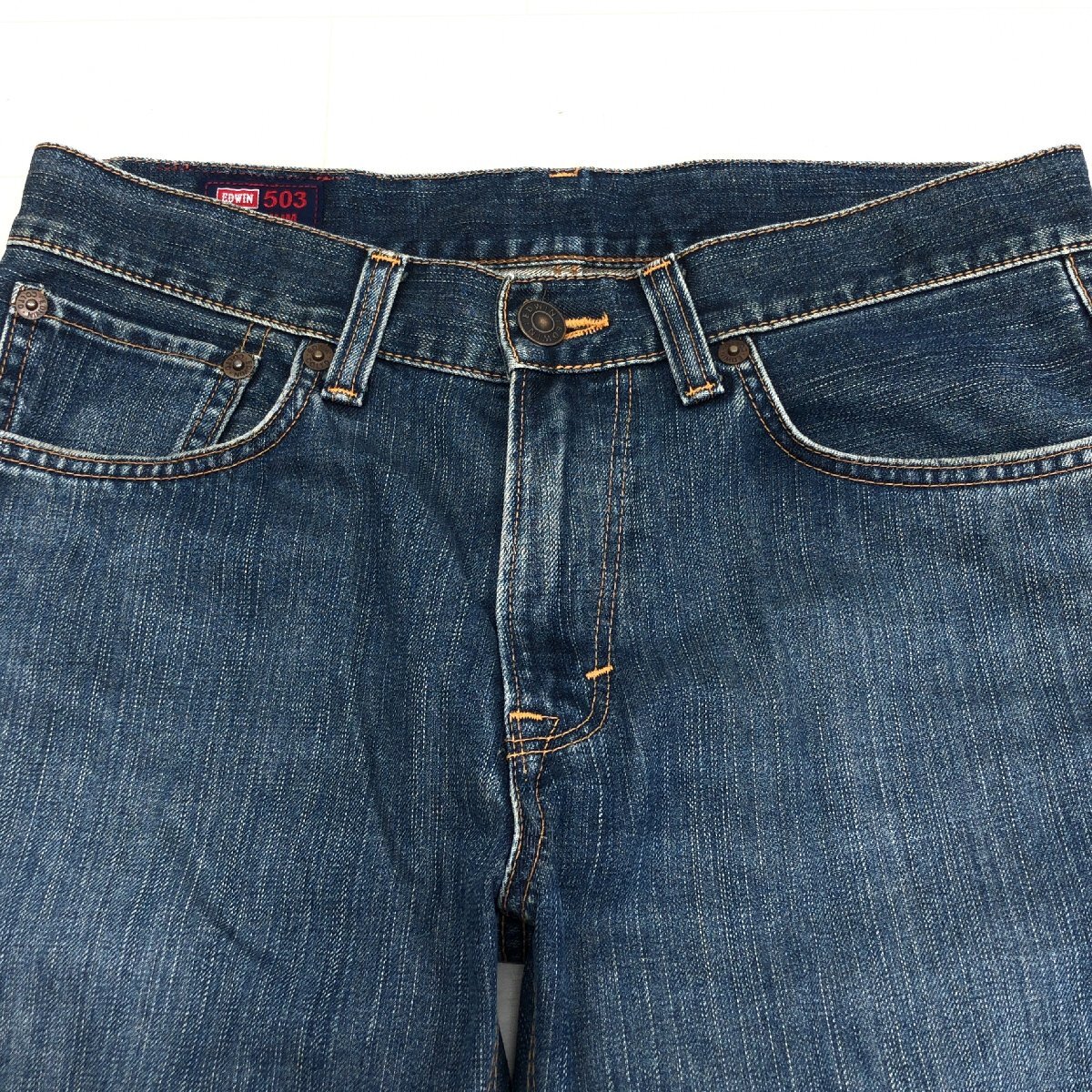 *EDWIN PREMIUM Edwin 503 USED обработка кожаный салон chi Denim брюки 32 w84 темно-синий индиго джинсы телячья кожа patch сделано в Японии внутренний стандартный товар джентльмен 