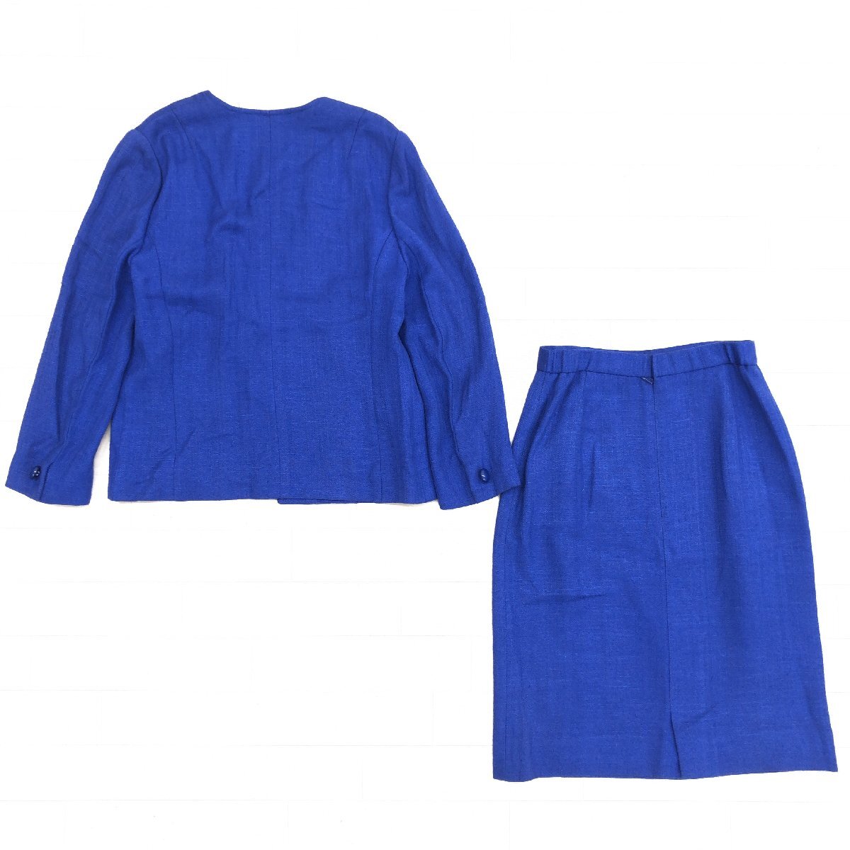 ●jun ashida ジュンアシダ リネンタッチ オープンジャケット スカートスーツ 上下セットアップ 9(M) 青 ロイヤルブルー ヴィンテージ 古着の画像2