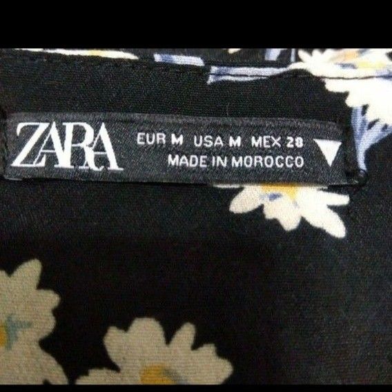 【ZARA】ザラ　ボタニカル　花柄　半袖シャツワンピース　膝上　Mサイズ　黒　Ａライン　パフスリーブ