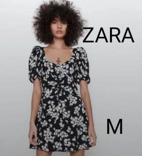 【ZARA】ザラ　ボタニカル　花柄　半袖シャツワンピース　膝上　Mサイズ　黒　Ａライン　パフスリーブ