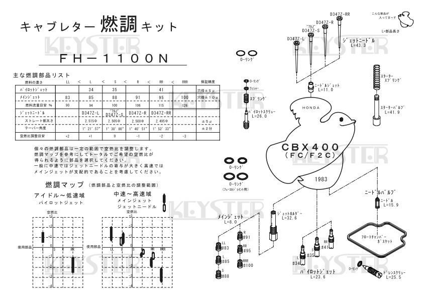 ■ FH-1100N CBX400F FC-F2C キャブレター リペアキット キースター 燃調キット ２の画像3