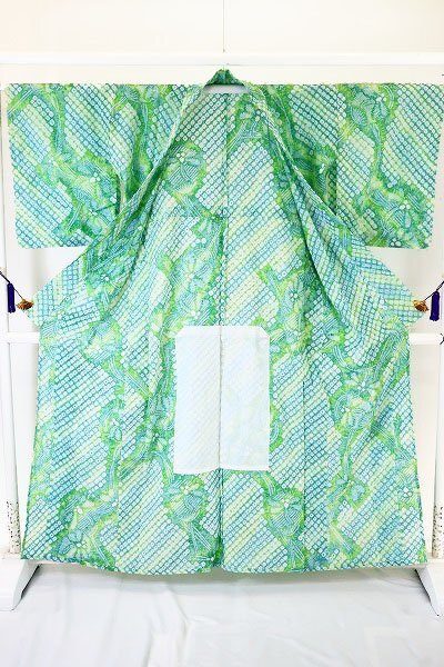 【送料無料】浴衣 有松絞り バチ衿 黄緑色 水色 身丈168.5cm お洒落 伝統 夏 仕立て上がり 綿 kimono m-5940_画像9