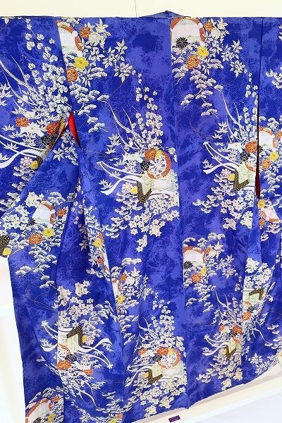 【着物フィ】アンティーク 小紋 身丈142cm 青 ビビット 大正ロマン レトロ　正絹　仕立て上がり　kimono 袷 15817_画像3