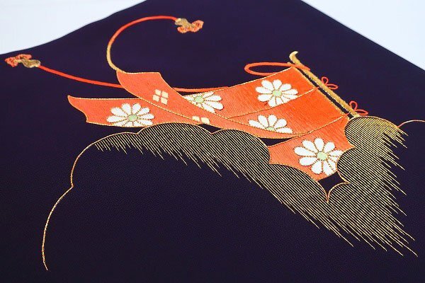 【送料無料】名古屋帯 塩瀬 濃紫 刺繍 花嫁のれん 長さ3ｍ57㎝ フォーマル お洒落 正絹 仕立て上がり m-5950_画像6