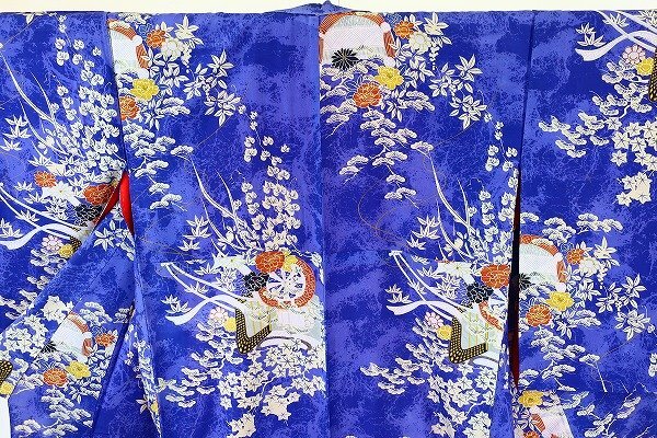 【着物フィ】アンティーク 小紋 身丈142cm 青 ビビット 大正ロマン レトロ　正絹　仕立て上がり　kimono 袷 15817_画像4